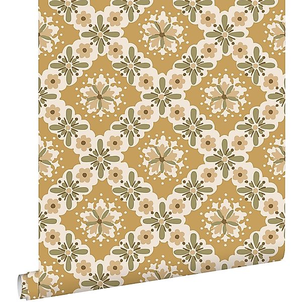 ESTAhome Tapete Blumenmuster Ockergelb und Grün 50 x 900 cm günstig online kaufen