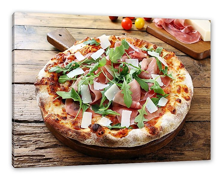 Pixxprint Leinwandbild Prosciutto Pizza auf Holztisch, Prosciutto Pizza auf günstig online kaufen