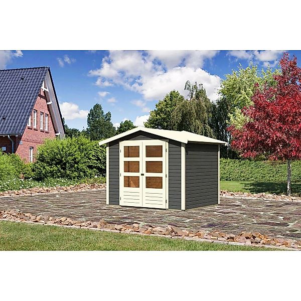 Karibu Holz-Gartenhaus Amberg Terragrau Satteldach Lackiert 242 cm x 182 cm günstig online kaufen