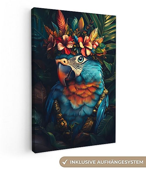 OneMillionCanvasses® Leinwandbild Papagei - Vogel - Bunt - Blumen - Blätter günstig online kaufen