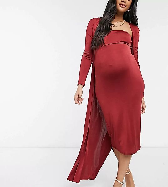 ASOS DESIGN Maternity – 2 in 1 Trägerloses Midikleid mit Mantel in Dunkelro günstig online kaufen