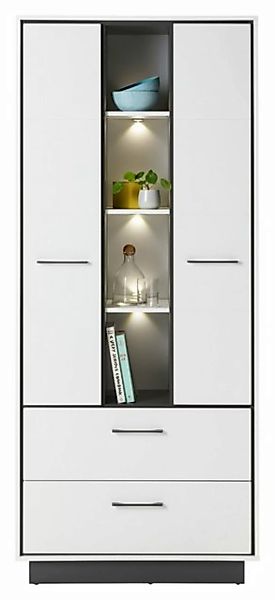 Vitrine LOREDO, Weiß supermatt, Graphitdekor, B 85 cm, H 201 cm, mit LED-Be günstig online kaufen