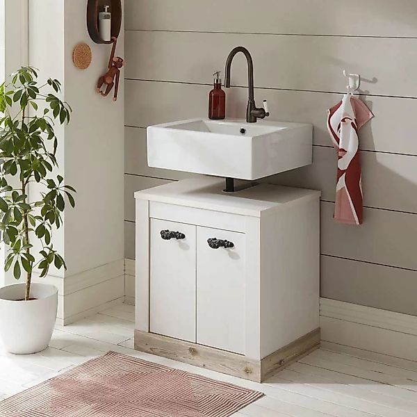 Kleiner Waschbeckenunterschrank in Weiß und Pinienfarben Siphonausschnitt günstig online kaufen