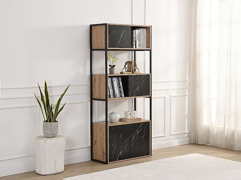 Wohnwand mit 4 Türen & 2 Ablagen - MDF & Stahl - Marmor-Optik Schwarz & Hol günstig online kaufen