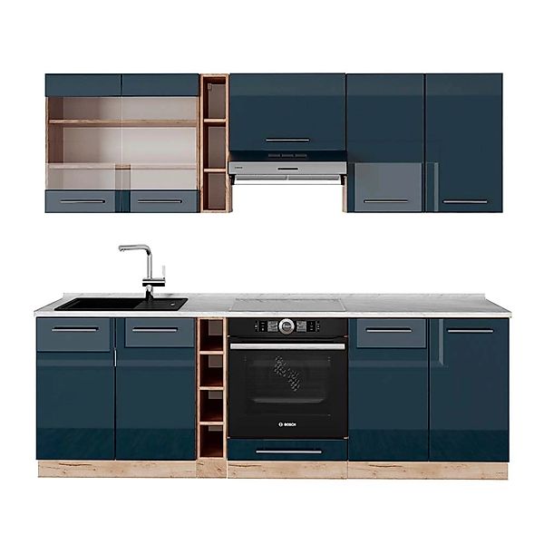 Vicco Fame-Line Küchenzeile Dunkelblau Hochglanz/Goldkraft Eiche 235 cm AP günstig online kaufen