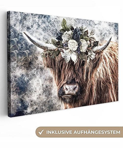 OneMillionCanvasses® Leinwandbild Schottische Highlander - Blumen - Nebel, günstig online kaufen