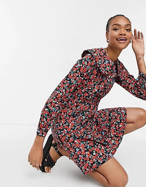 Y.A.S – Mini-Skater-Kleid mit Oversize-Kragen in Rot geblümt-Mehrfarbig günstig online kaufen