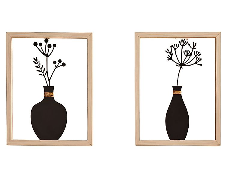 Dekoleidenschaft Wanddekoobjekt "Vase" Metall Wanddeko schwarz mit Holz Rah günstig online kaufen