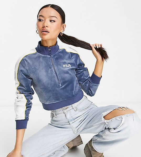 Fila – Kurzes Sweatshirt aus Velours in Blau mit halbem Reißverschluss günstig online kaufen