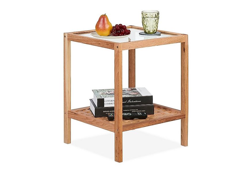 relaxdays Beistelltisch mit Glasablage Walnussholz günstig online kaufen