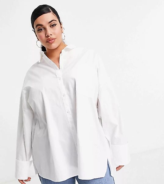 ASOS DESIGN Curve – Langärmliges Oversize Dad-Hemd aus Baumwolle in Weiß günstig online kaufen