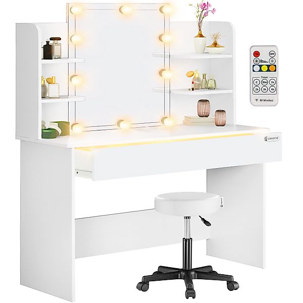 Schminktisch Lucia Weiß 140x110x40cm mit LED + Rollhocker günstig online kaufen