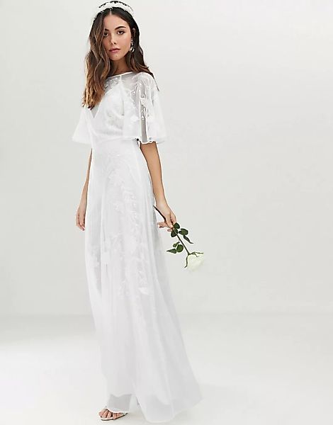 ASOS EDITION – Mia – Brautkleid mit Stickerei und Flatterärmeln-Weiß günstig online kaufen