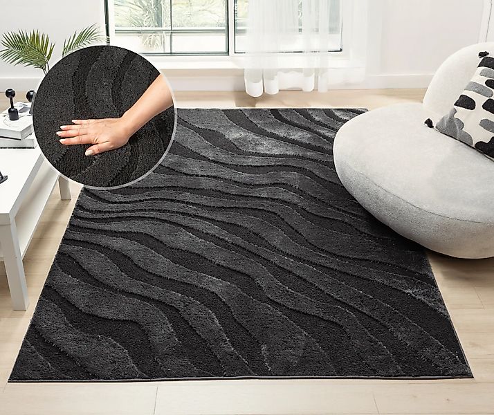 OTTO home Teppich "Benia, Hoch-Tief-Struktur" rechteckig 19 mm Höhe Wellen- günstig online kaufen