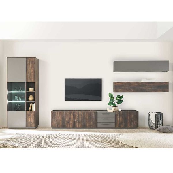 Fernseher Schrankwand modern in Anthrazit Eiche dunkel (vierteilig) günstig online kaufen