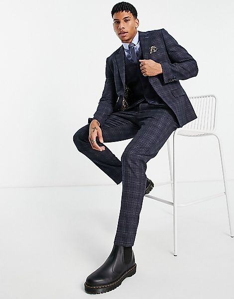 Harry Brown – Schmale Anzughose in Blau kariert günstig online kaufen