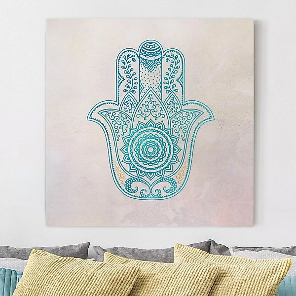 Leinwandbild Hamsa Hand Illustration Mandala gold blau günstig online kaufen