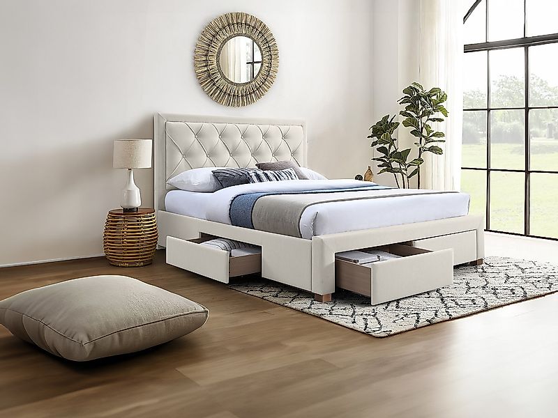 Polsterbett mit Schubladen + Matratze - 160 x 200 cm - Stoff - Beige - LEOP günstig online kaufen