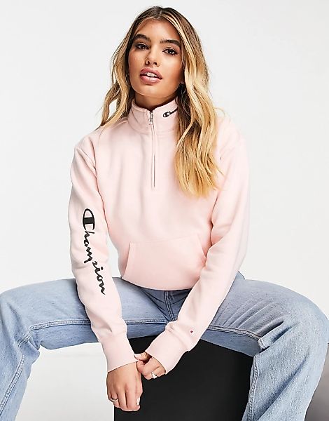 Champion – Sweatshirt in Rosa mit halblangem Reißverschluss und Logo am Ärm günstig online kaufen