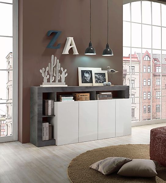 Sideboard mit 4 Türen & 4 Ablagen - Weiß lackiert & Eichefarben - SEFRO günstig online kaufen