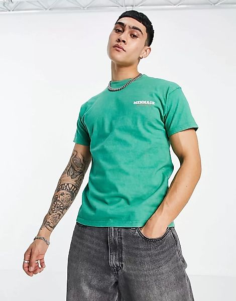 Mennace – Oversize-T-Shirt in verwaschenem Grün mit College-Print auf Brust günstig online kaufen