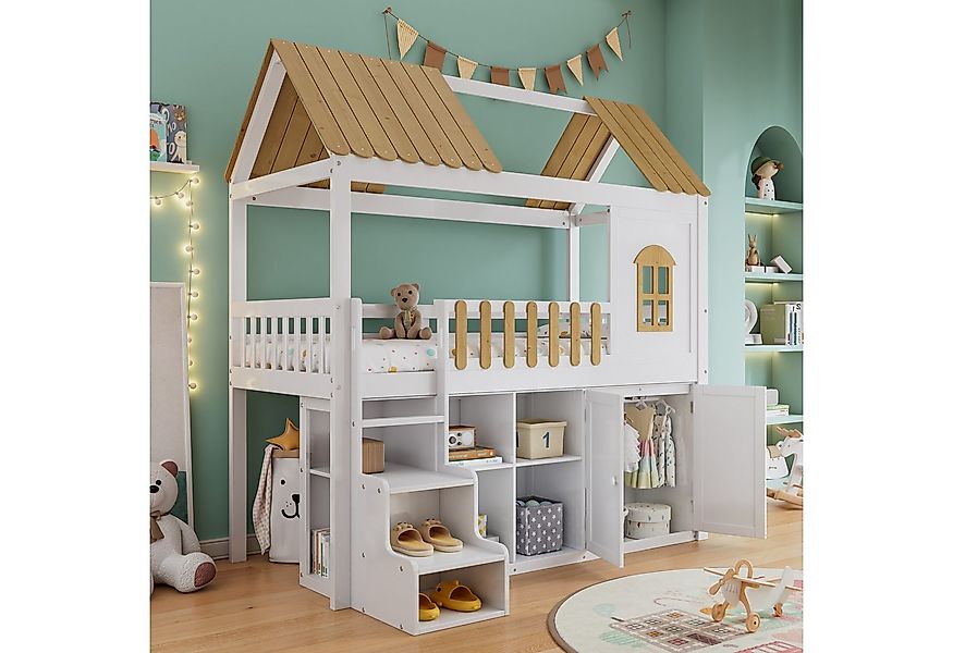 Flieks Hochbett Etagenbett Massivholz Hausbett 90x200cm mit Kleiderschrank günstig online kaufen