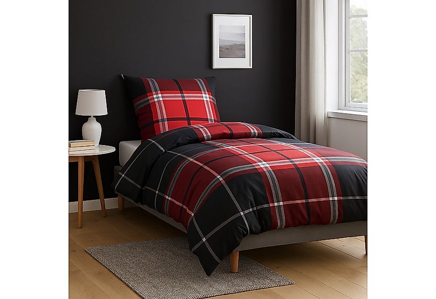 Casa Colori Bettwäsche Biber Bettwäsche 135x200 Anthrazit Grau Rot kariert, günstig online kaufen