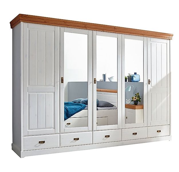 Lomadox Kleiderschrank SAVONA-69 Kiefer massiv weiß gewachst mit honigfarbe günstig online kaufen