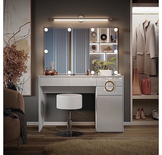 Vicco Schminktisch Adela, Weiß Hochglanz, 115 cm mit LED Beleuchtung und Ho günstig online kaufen