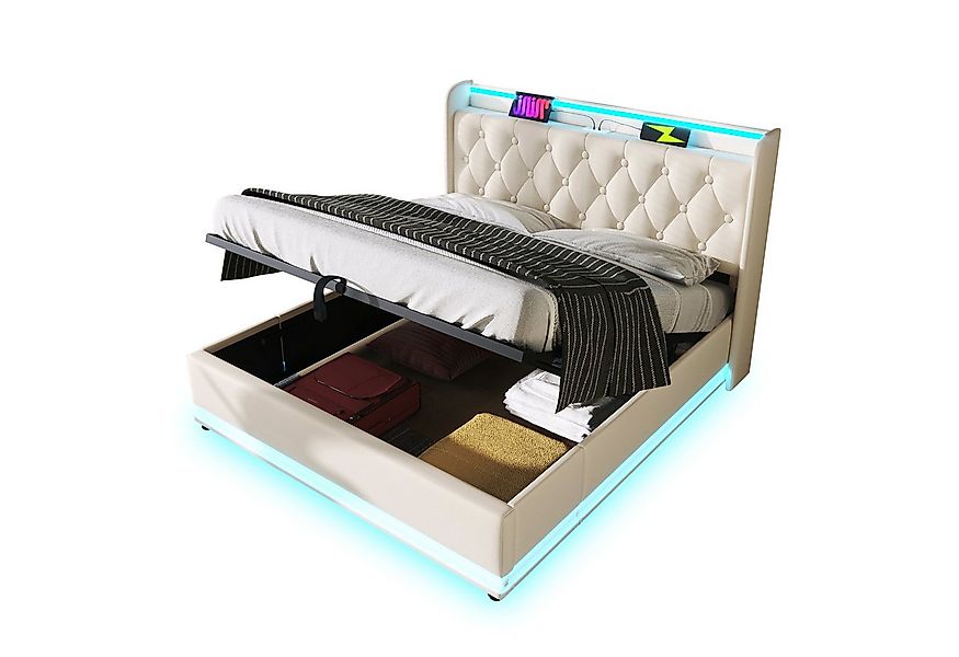 Flieks Polsterbett, LED Hydraulisches Stauraumbett Doppelbett 180x200cm mit günstig online kaufen