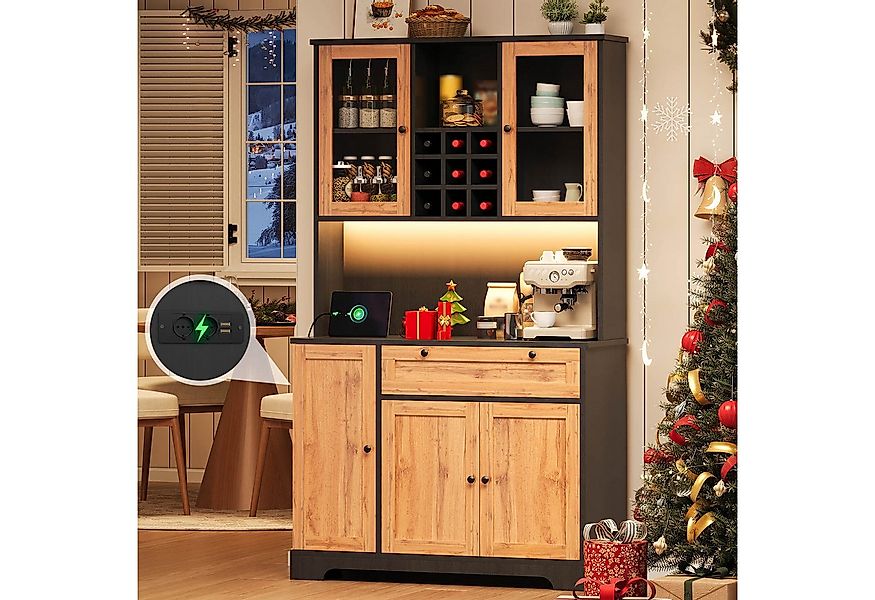 Flieks Küchenbuffet mit Steckdose, LED-Beleuchtung, Weinregal, Glastüren un günstig online kaufen