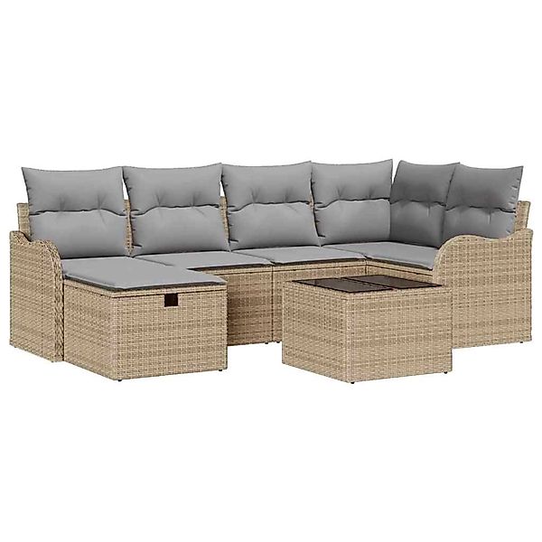vidaXL Garten-Sofa-Set mit Kissen mit Speicher 7-Tlg Beige Poly Rattan 3360 günstig online kaufen