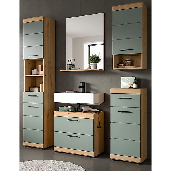 Inn.Furn Badmöbel Set in Grün und Eiche 5-teilig mit Viel Stauraum Shawn günstig online kaufen