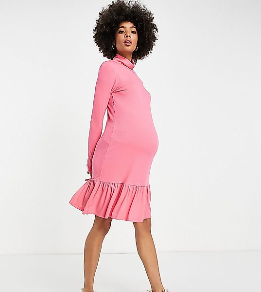 Mamalicious Maternity – Langärmliges Minikleid in Rosa mit Rüschensaum günstig online kaufen