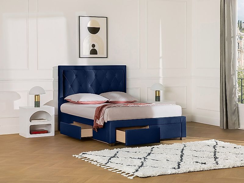 Polsterbett mit Schubladen - 180 x 200 cm - Samt - Blau - LEOPOLD günstig online kaufen