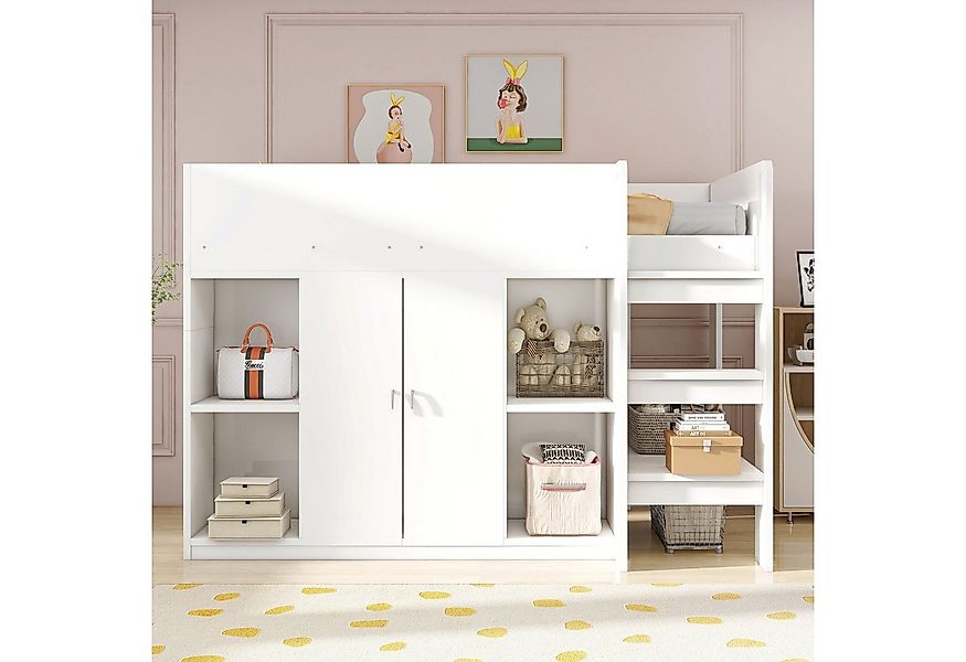 Merax Hochbett (1-St) Kiefernholzbett Kinderbett 90x200cm mit Kleiderschran günstig online kaufen