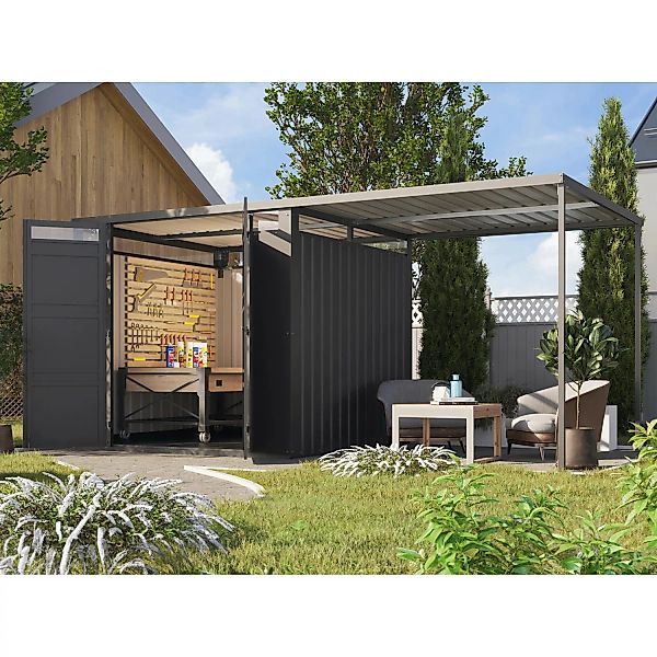 Karibu Gartenhaus Set Mateo 2 Anthrazit mit Anbaudach 225 m 5,37 m² günstig online kaufen