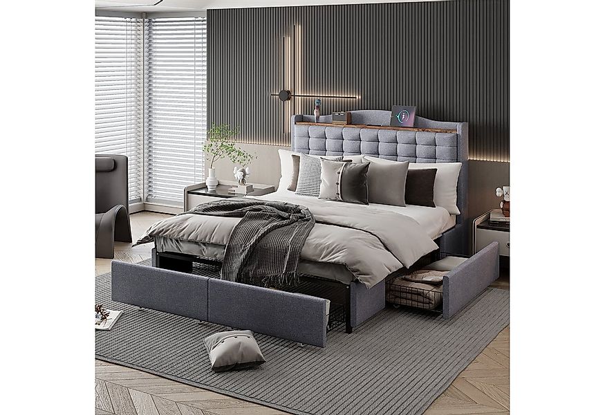 Furnishings Home Stauraumbett Polsterbett LED Doppelbett (Mit Vier extra gr günstig online kaufen