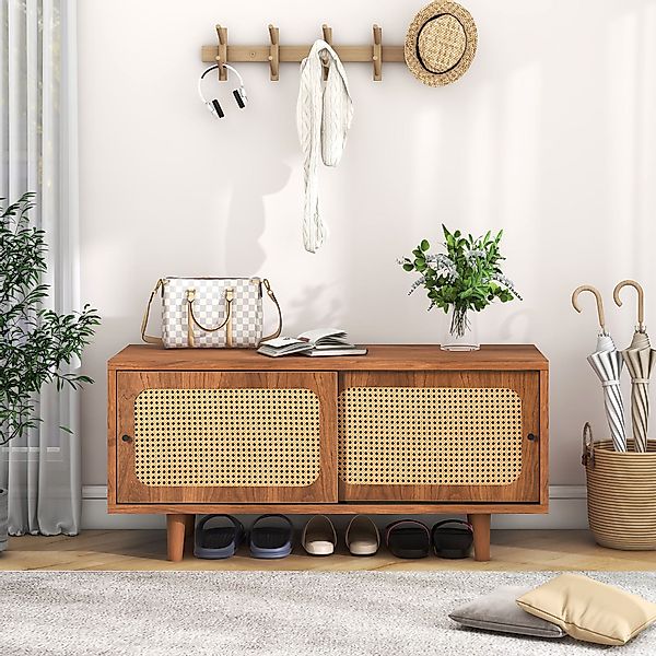 Rattan Schuhschrank mit 2 Türen, 104x40x48 cm, Naturfarbe günstig online kaufen