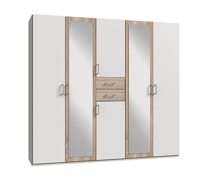 Drehtürenschrank mit Spiegel und Schubladen 225 cm breit DIVER Weiß / Eiche günstig online kaufen