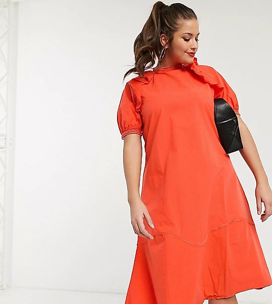 Lost Ink Plus – Midaxikleid aus Baumwolle mit gerüschten Schultern-Rot günstig online kaufen