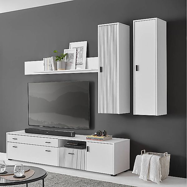 TV Wohnwand mit Hängeschränken weiß matt schwarz gerillt HUNTER-61, 4-teili günstig online kaufen