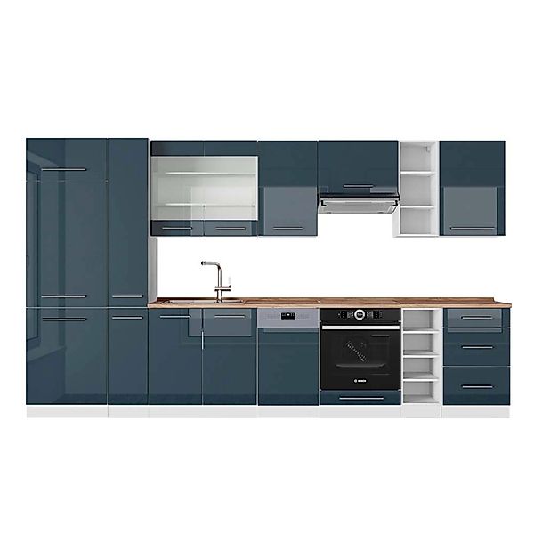 Vicco Fame-Line Küchenzeile Dunkelblau Hochglanz/Weiß 355 cm AP Eiche günstig online kaufen