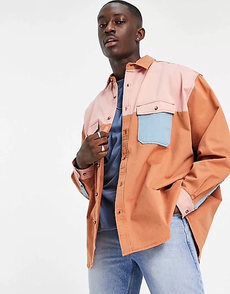 ASOS DESIGN – WeiteOversized-Hemdjacke aus Twill im Blockfarbendesign-Braun günstig online kaufen