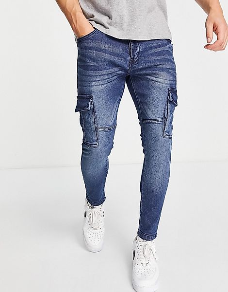 Brave Soul – Eng geschnittene Cargo-Jeans in Mittelblau günstig online kaufen
