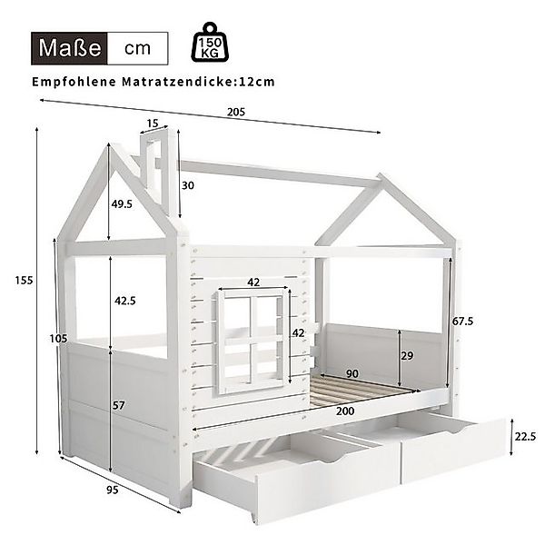 Flieks Hausbett, Kinderbett Jugendbett 90x200cm Massivholzbett Kiefernholz günstig online kaufen