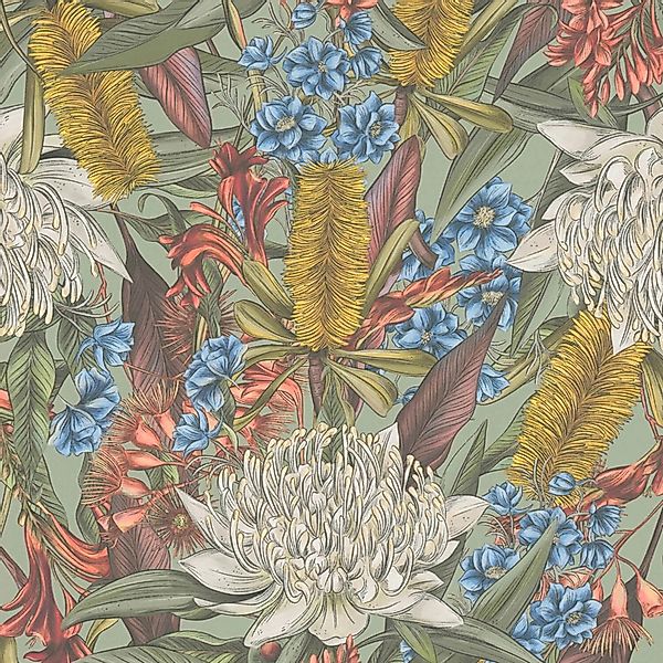 PROFHOME 394281-GU Blumen Tapete Floral Matt Grün Gelb Blau Rot 0,53 m x 10 günstig online kaufen