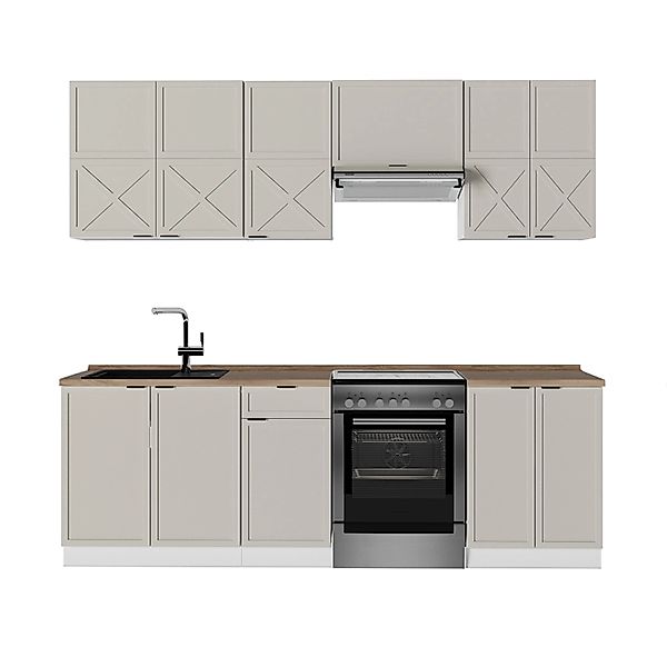 Vicco Fame-Line Küchenzeile GrauBeige/Weiß 240 cm AP Eiche ohne E-Geräte günstig online kaufen