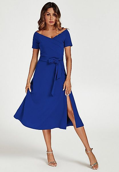 FS Collection Midikleid Damen Bardot-Midikleid mit Bindegürtel & Schlitz, E günstig online kaufen