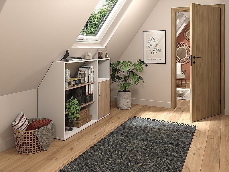 Schrank unter Dachschräge mit 1 Tür, 2 Regalböden & 1 Fach - Weiß & Holzfar günstig online kaufen